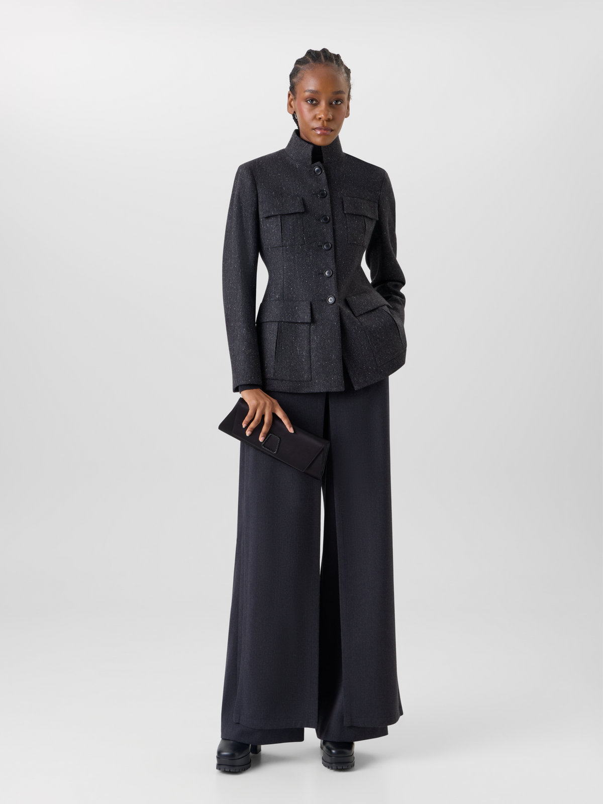 Designer Wide Wool Gabardine Pants with Front Overlayer - black 