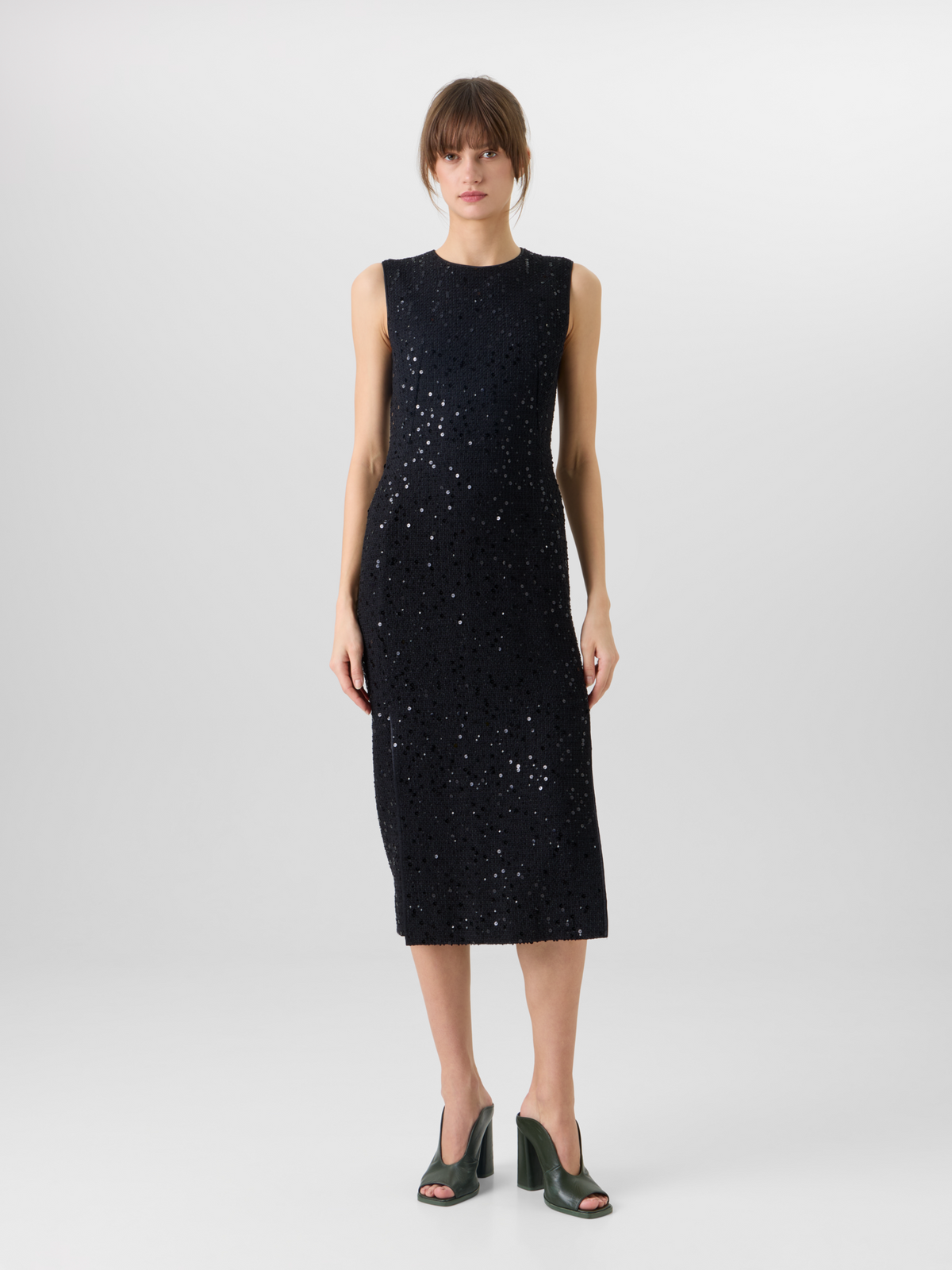 Designer Sleeveless Cotton-Wool Tweed Midi Sheath Dress with Sequins - black #editorial