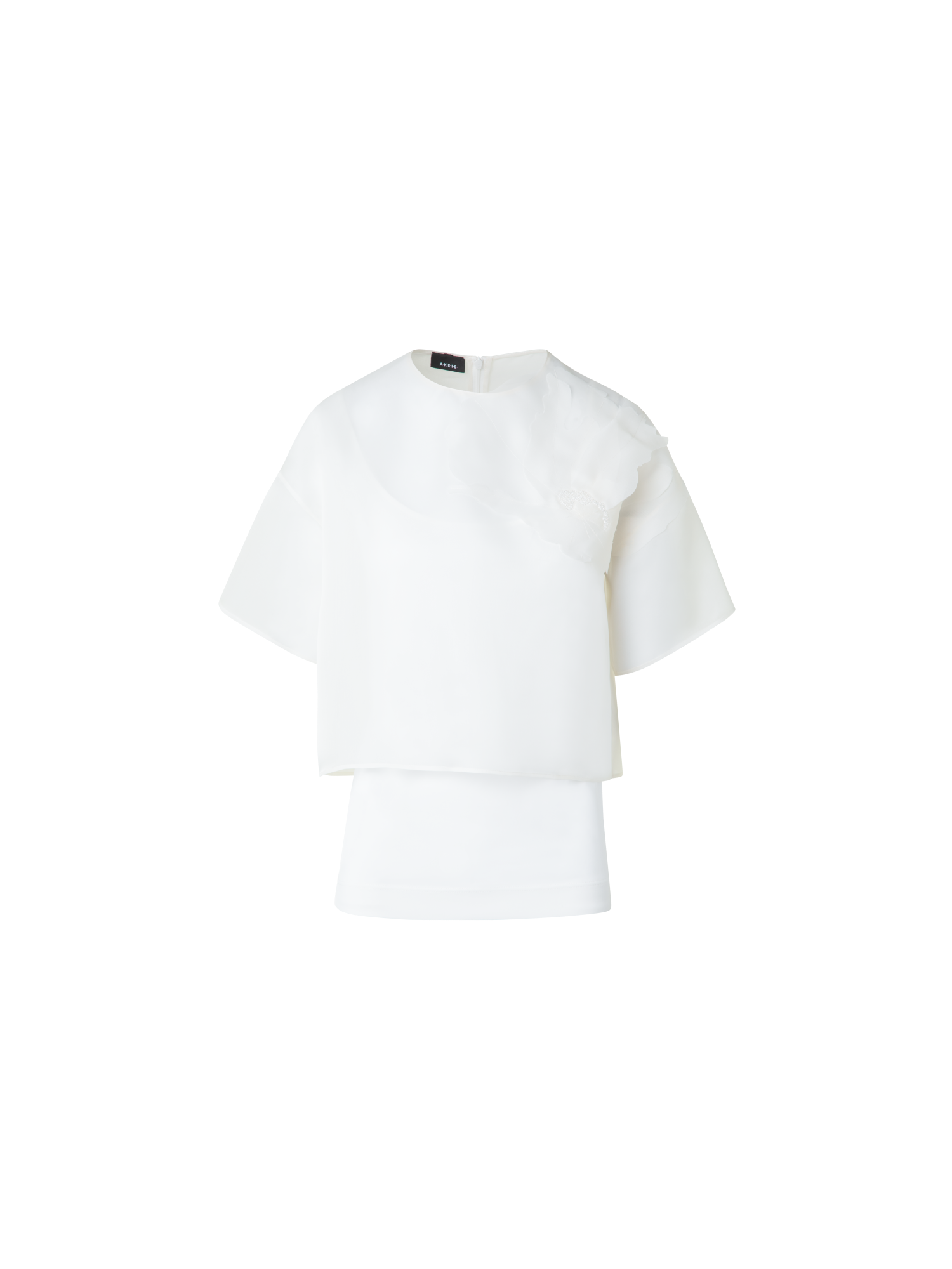 Designer Cropped Silk Blouse with 3D Organza Anemone - neutral - ecru - white