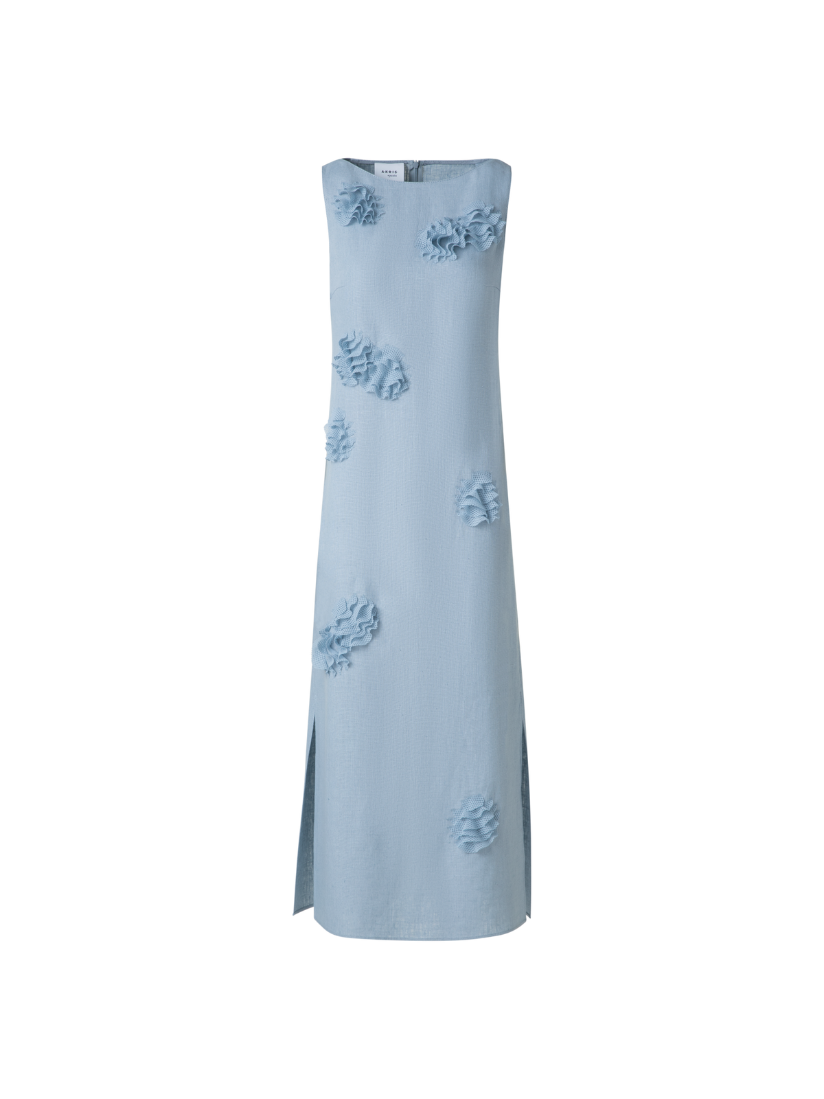 Designer Midi Linen Dress with 3D Carnation Detail - pastel - blue