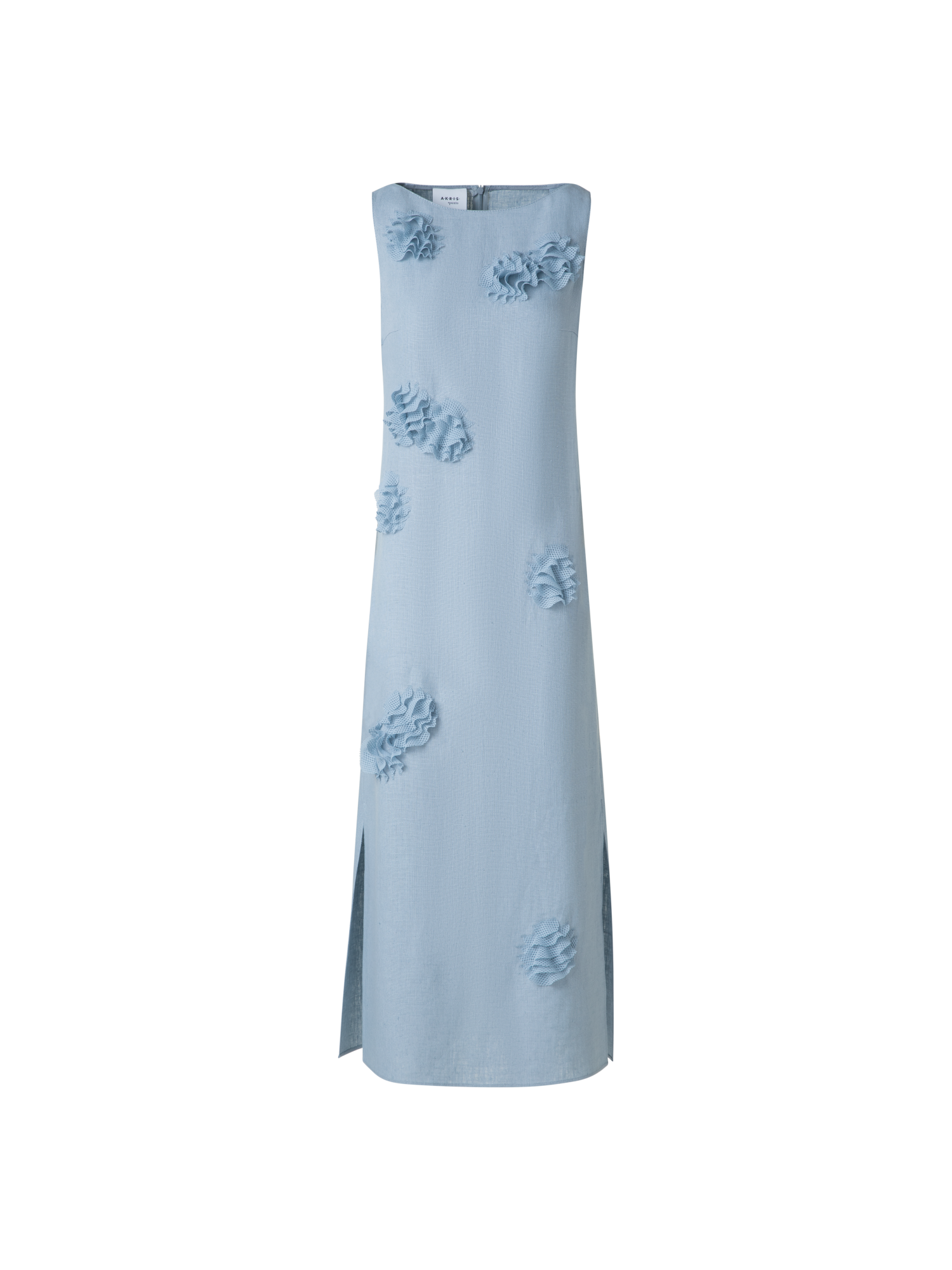 Designer Midi Linen Dress with 3D Carnation Detail - pastel - blue