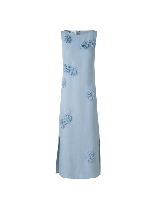 Designer Midi Linen Dress with 3D Carnation Detail - pastel - blue