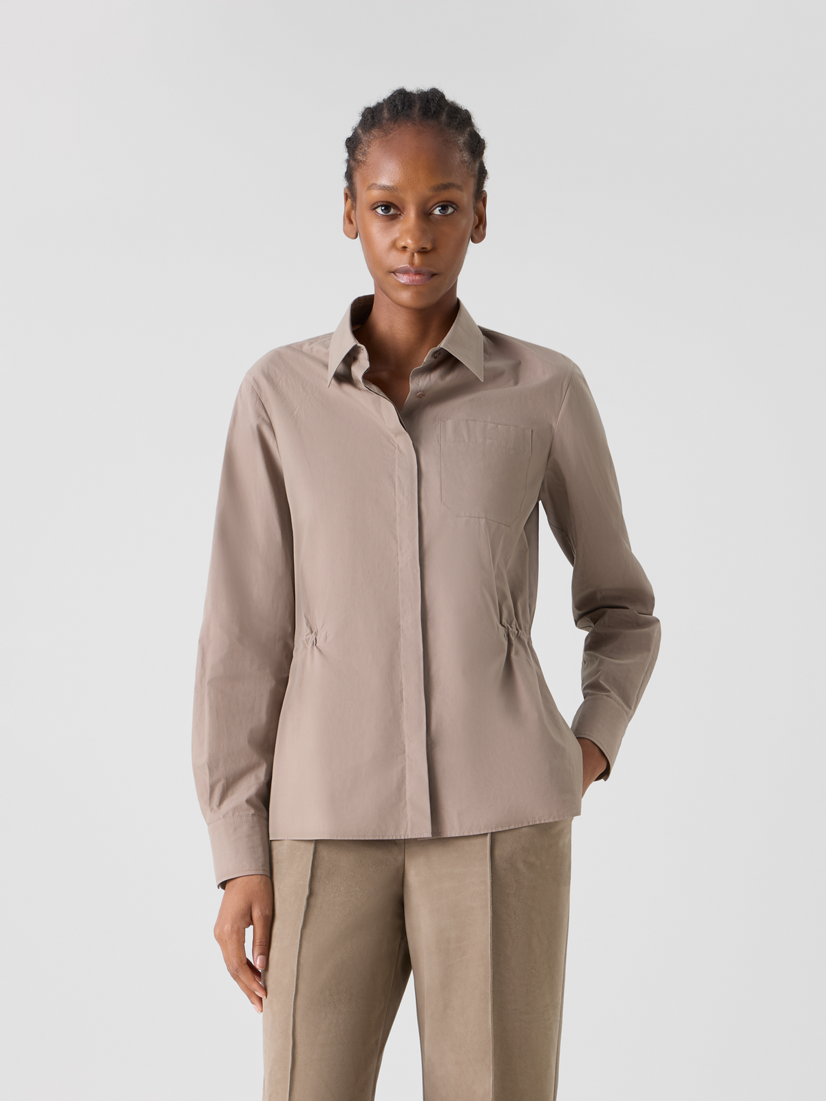 Designer Cotton Poplin Shirt with Waist Drawstring - beige #editorial