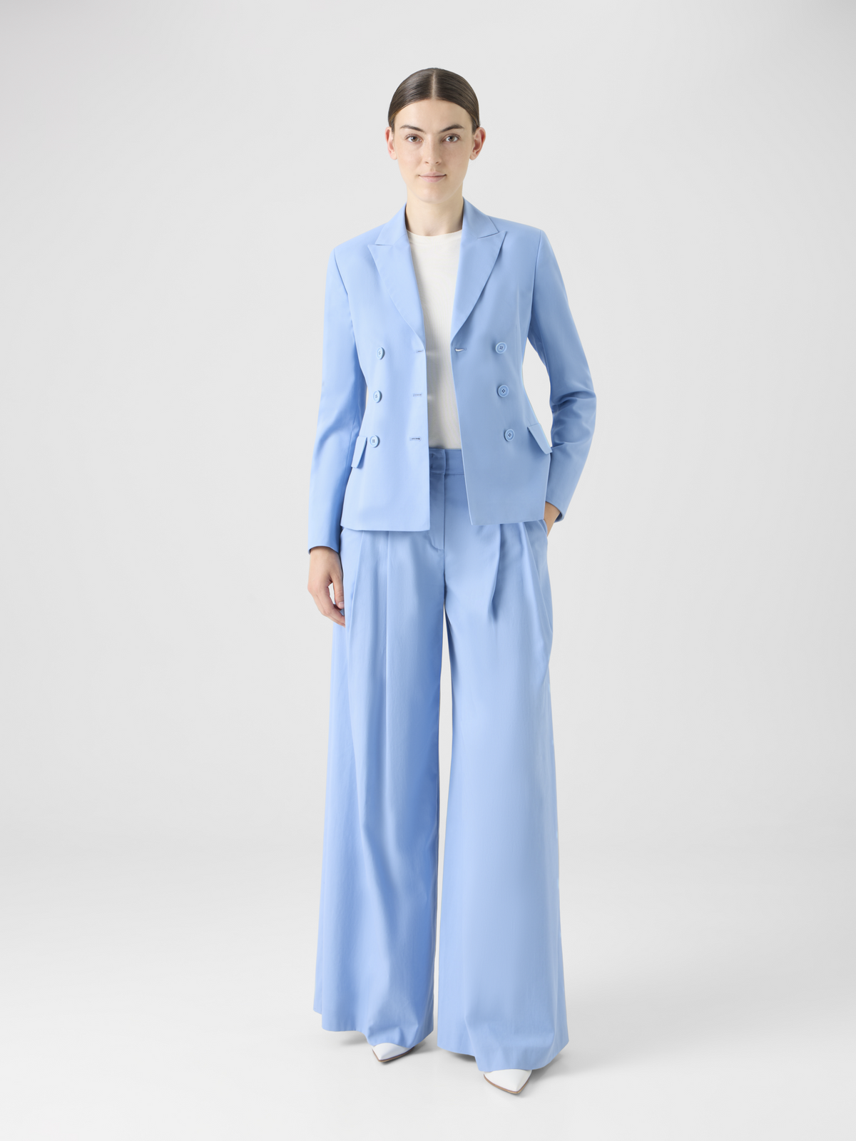 Designer Cotton Stretch Gabardine Wide-Leg Pants - navy - blue #editorial