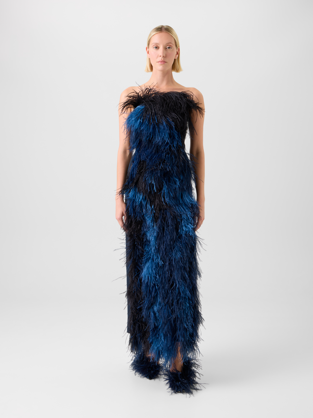 Designer Feathered Corsage Silk Gown with Slit - navy - blue - multicolor #editorial