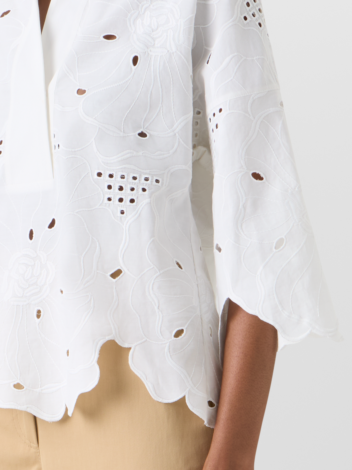 Designer 3/4-Sleeve Flower Eyelet Blouse - white #editorial