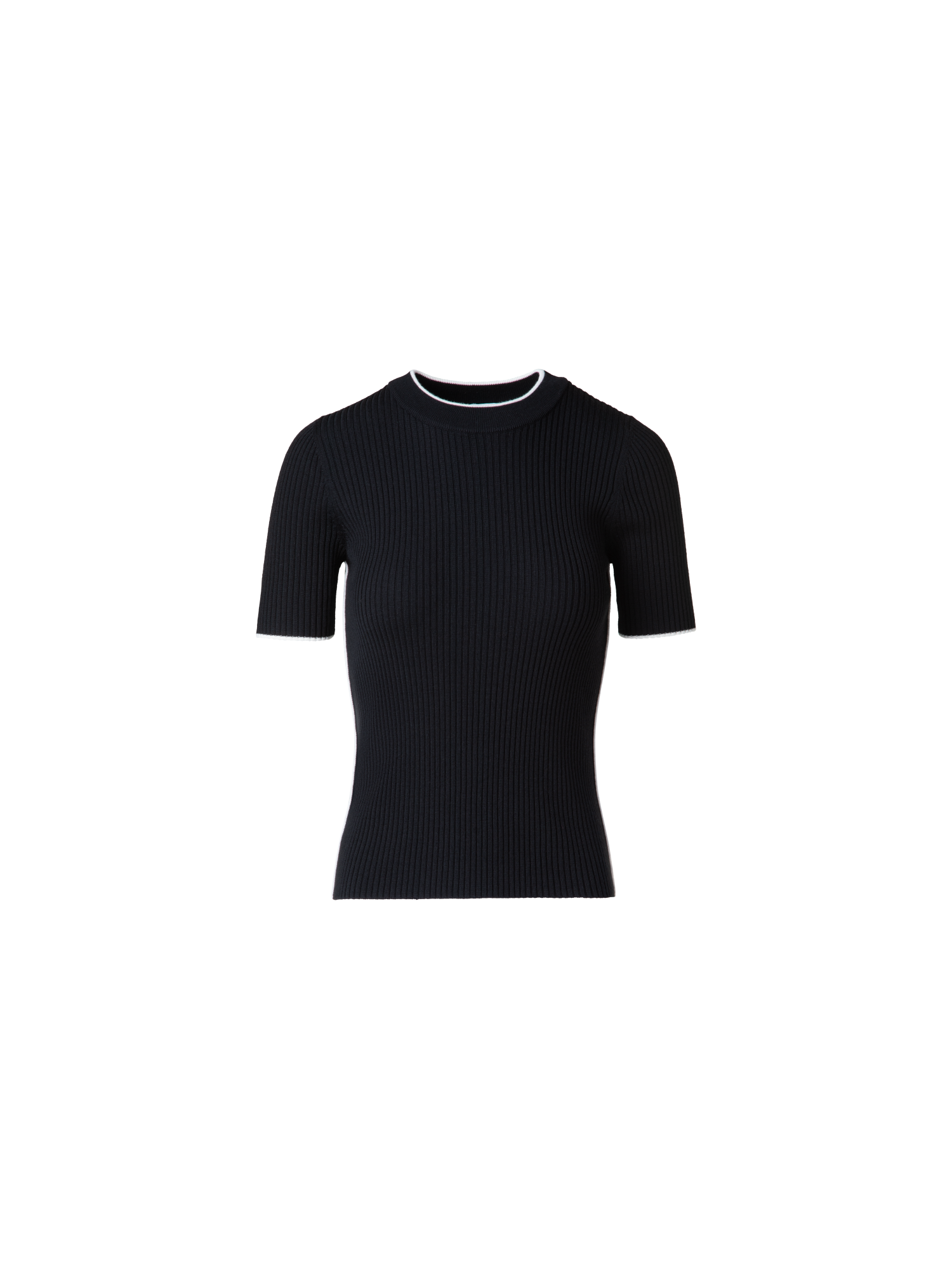 Designer Short Sleeve Virgin Wool Sweater with Piping - black