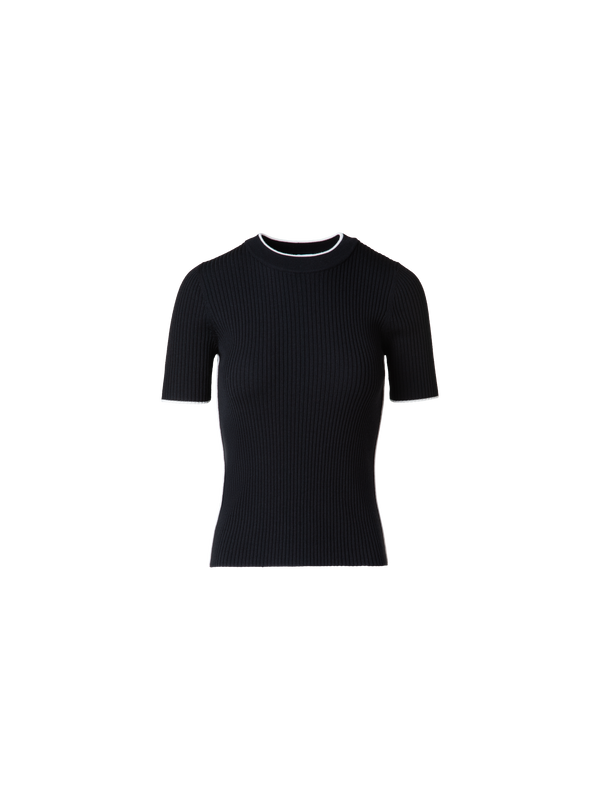 Designer Short Sleeve Virgin Wool Sweater with Piping - black