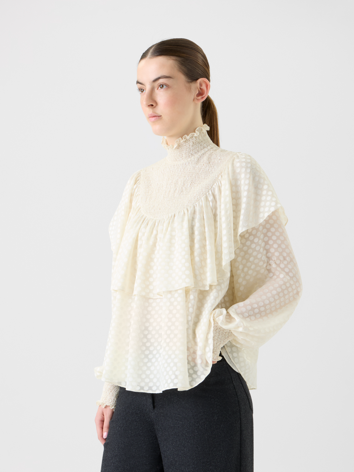 Designer Boho Smocked Flounce Shoulder Dotted Blouse - neutral - ecru - white #editorial