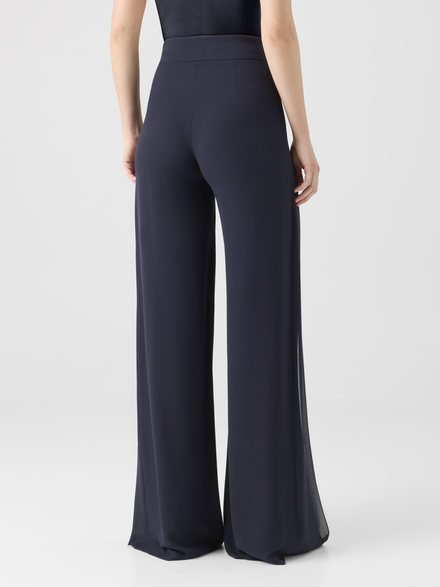 Designer Wide Silk Pants with Slits - navy 