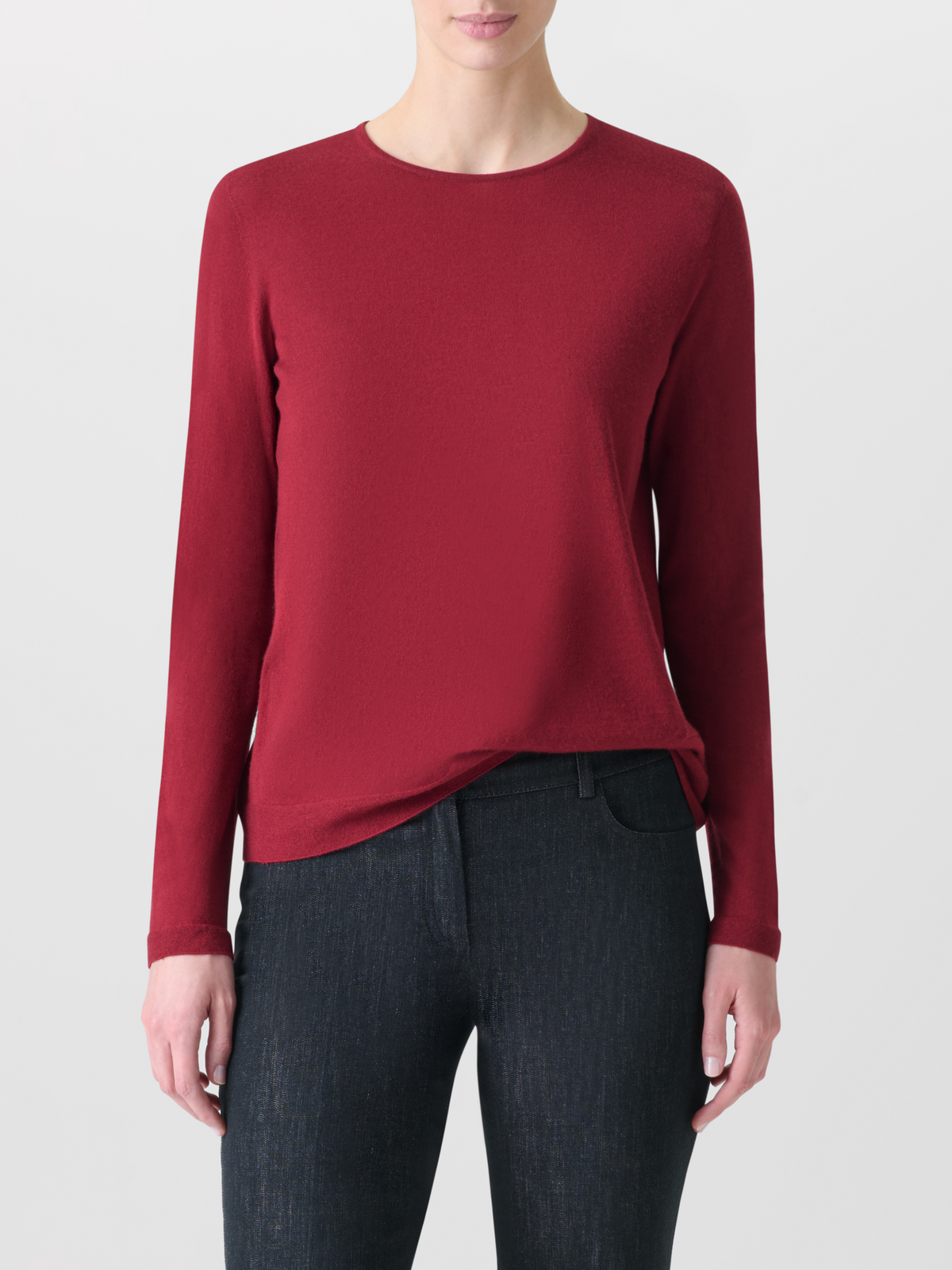 Designer Seamless Crew Neck Sweater in Cashmere Silk - wine - red #editorial