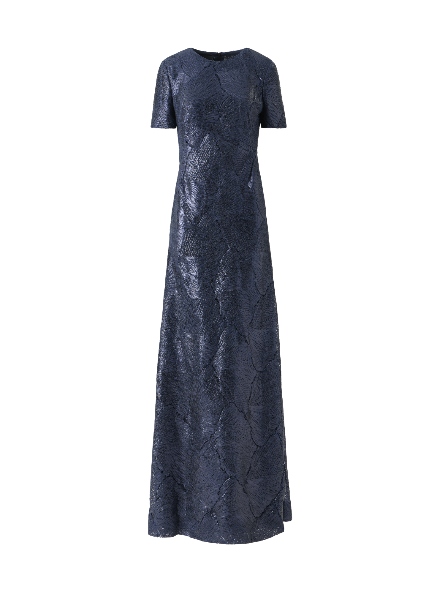 Designer Techno Lacquered Sea Fan Lace Evening Gown - navy - blue