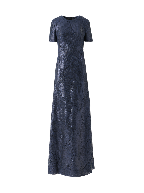 Designer Techno Lacquered Sea Fan Lace Evening Gown - navy - blue