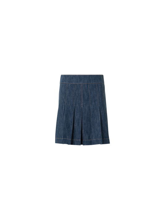 Designer Pleated Denim Mini Skirt - navy - blue