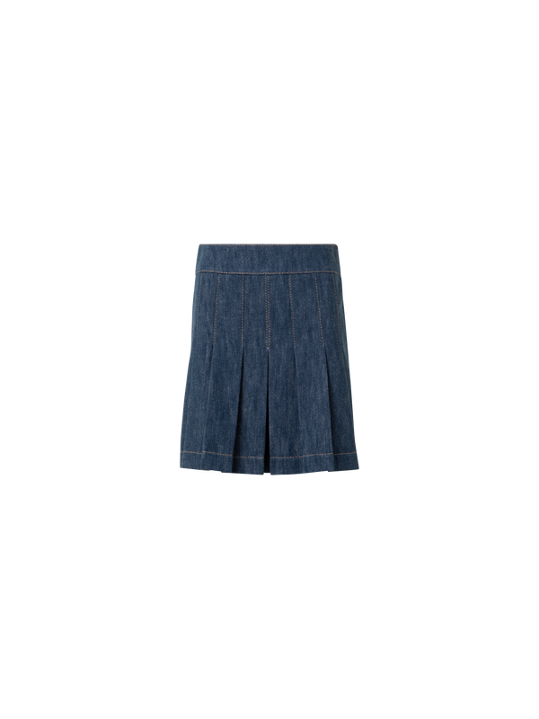 Designer Pleated Denim Mini Skirt - navy - blue