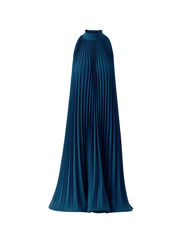 Designer A-Line Plissé Halter Midi Dress - navy