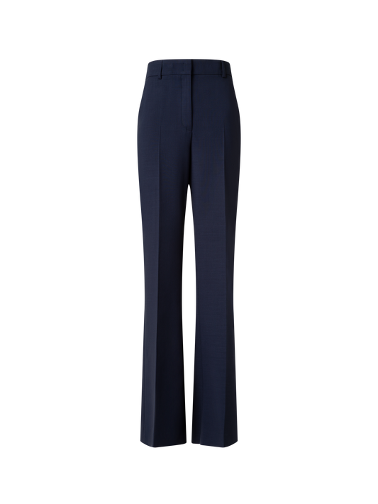 Designer Wide Straight Wool Stretch Double-Face Pants - navy - blue