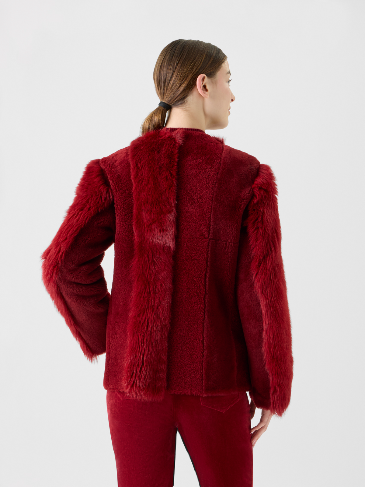 Designer Boxy Patchwork Shearling Short Coat - red #editorial