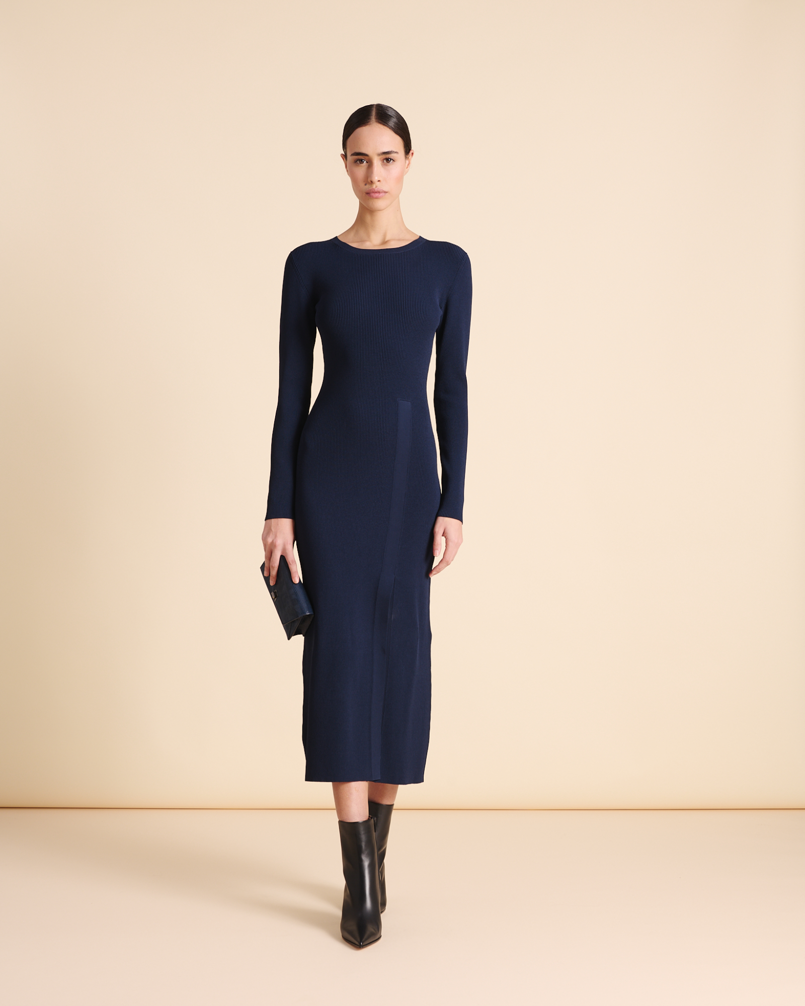 Designer Long-Sleeve Tube Dress in Rib Knit Stretch - neutral - navy - blue 