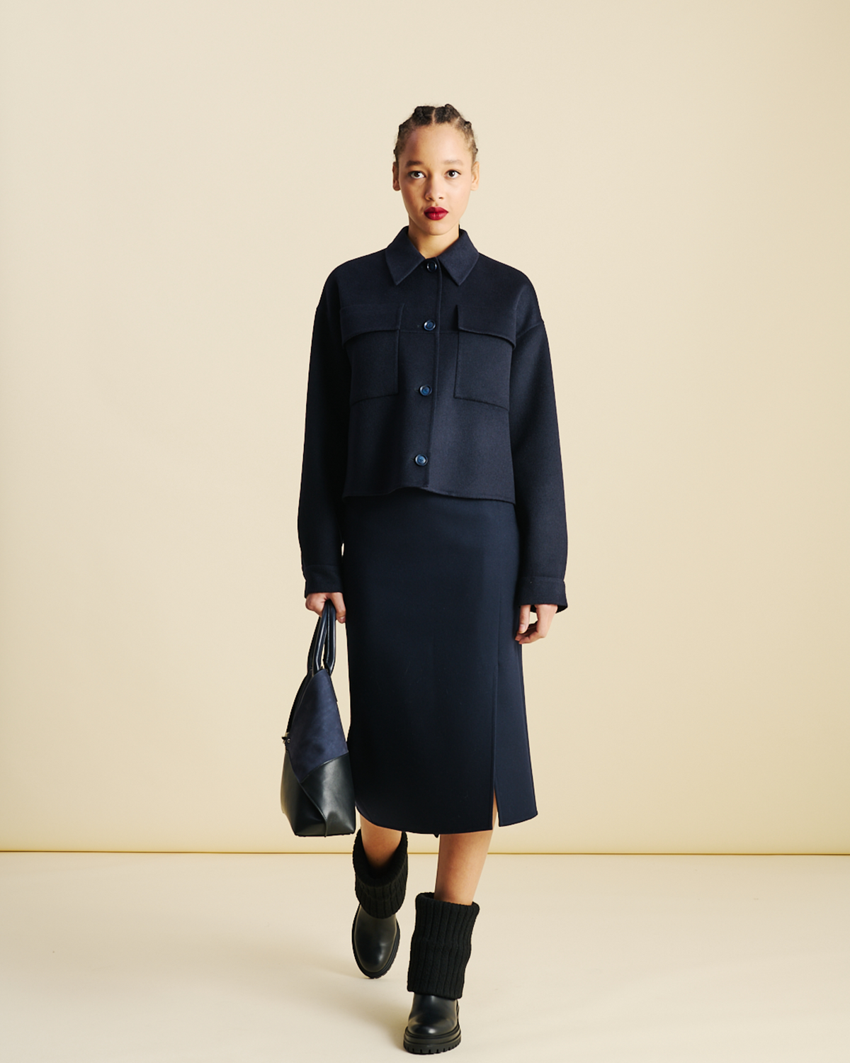 Designer Short Boxy Cashmere Double-Face Shirt Jacket - neutral - navy - blue #editorial