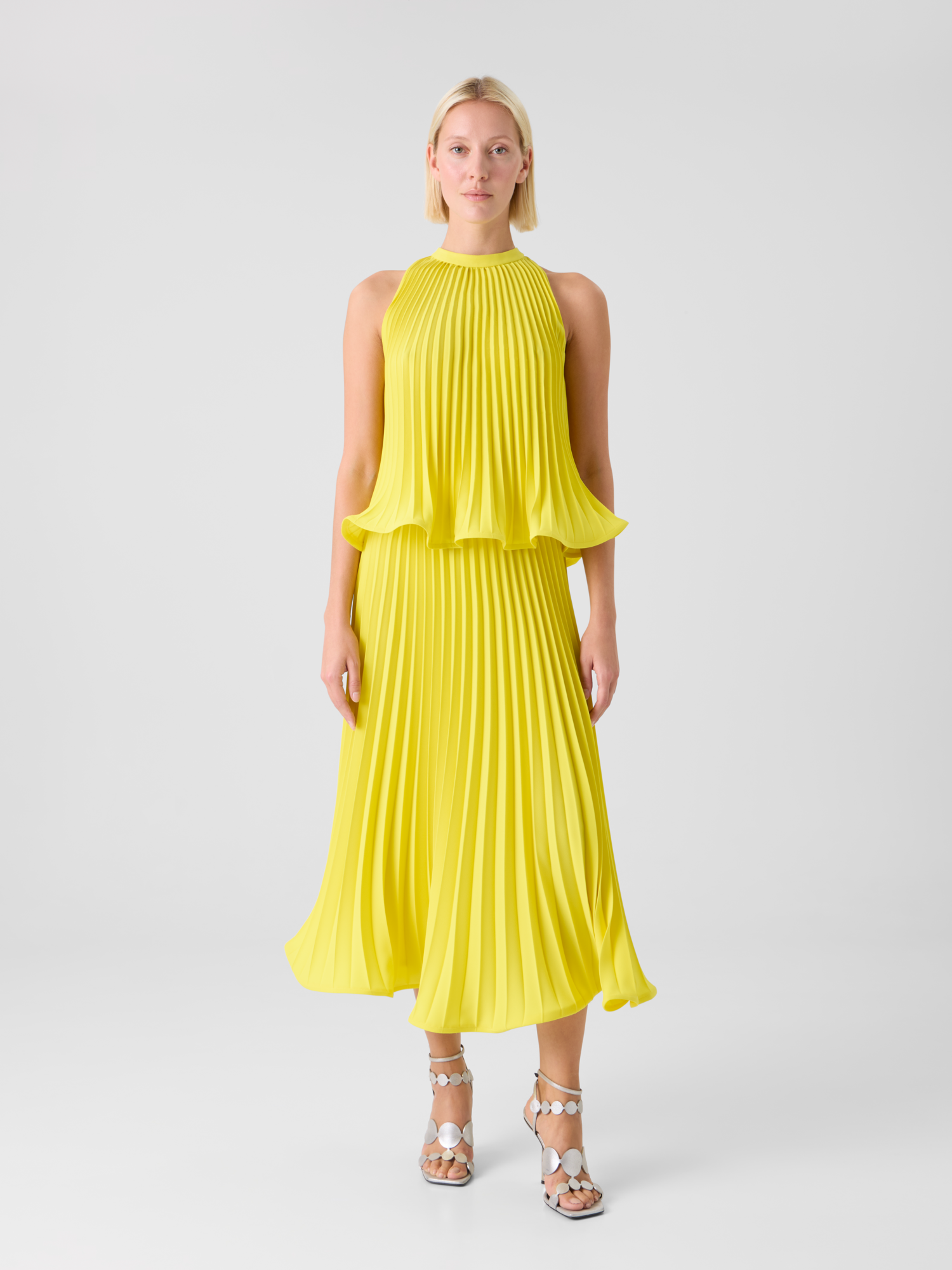 Designer A-Line Plissé Pleated Midi Skirt - yellow 