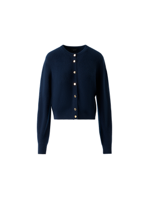 Designer Ribbed Cashmere Cardigan with Gold Buttons - neutral - navy - blue