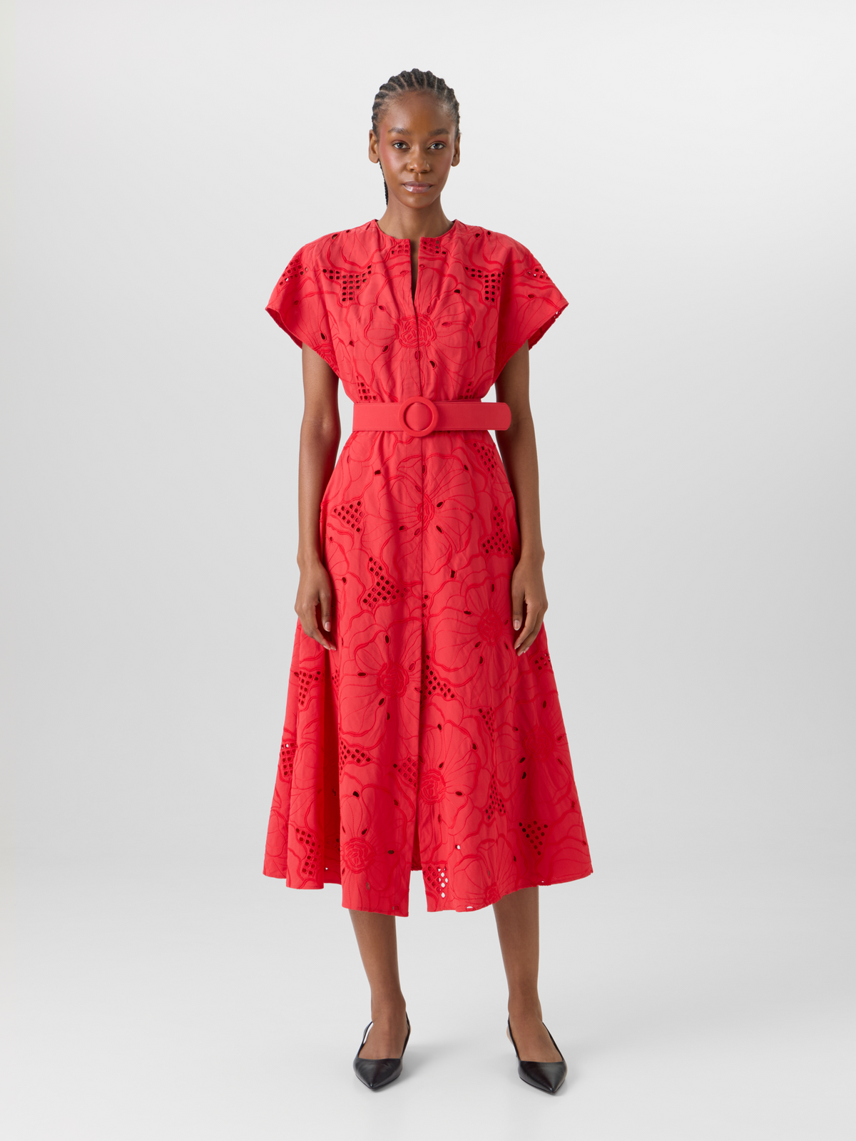 Designer Flower Eyelet Midi Dress - red #editorial