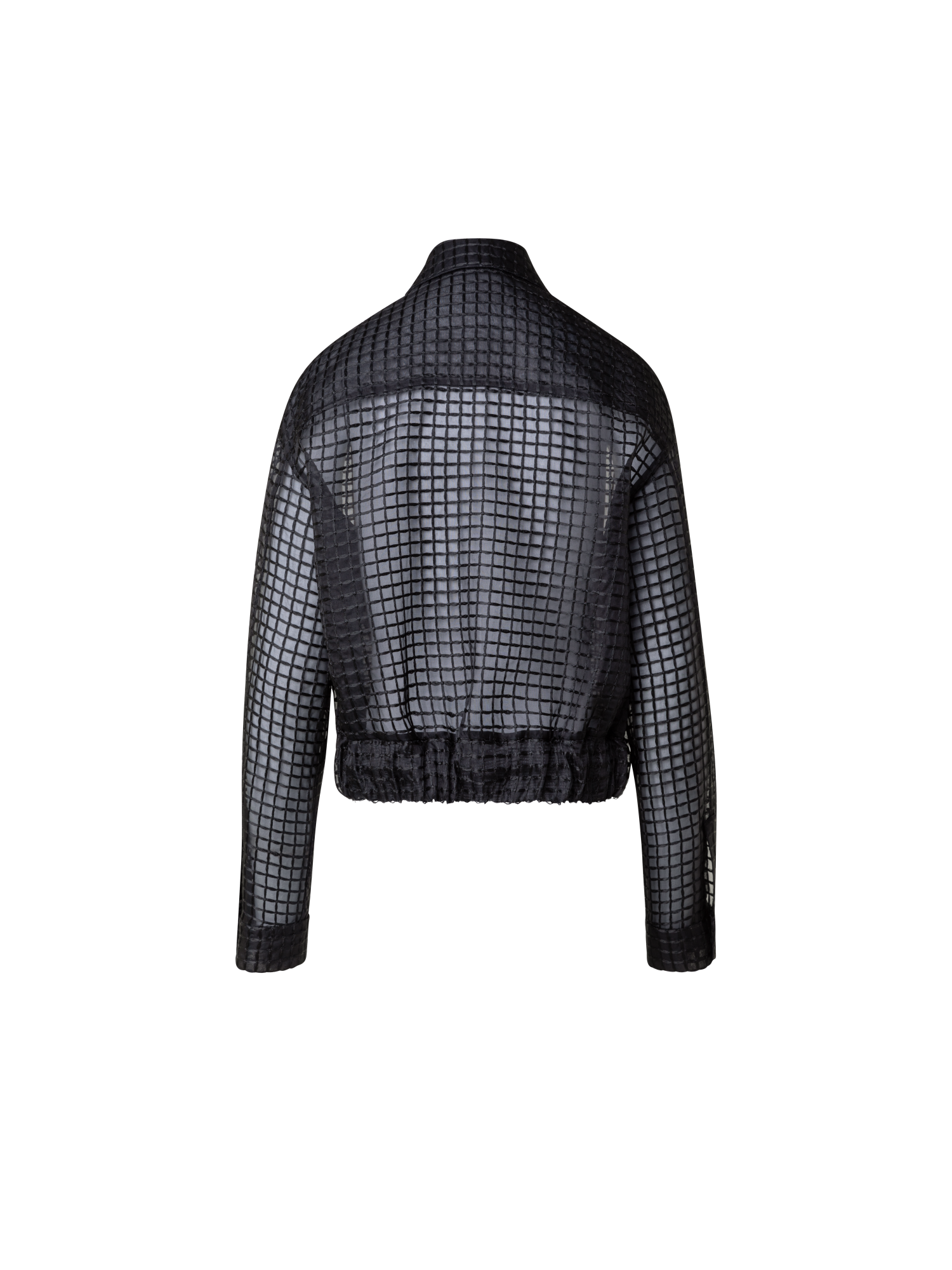 Designer Sheer Silk Blouson with Window Plaid Embroidery - black