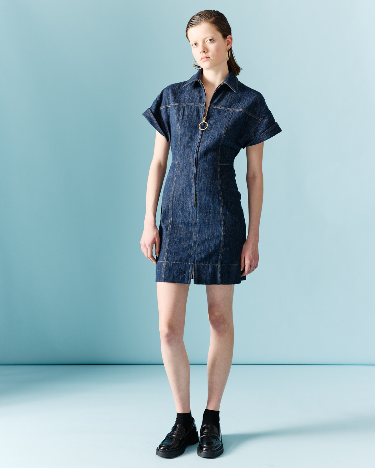 Designer Short Denim Dress with Polo Collar - navy - blue #editorial