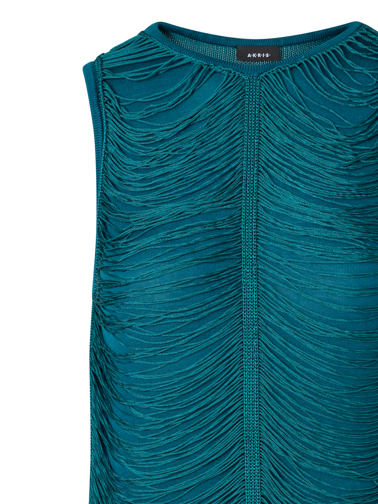 Designer Sleeveless Fringe Drape Knit Sheath Dress in Silk - green