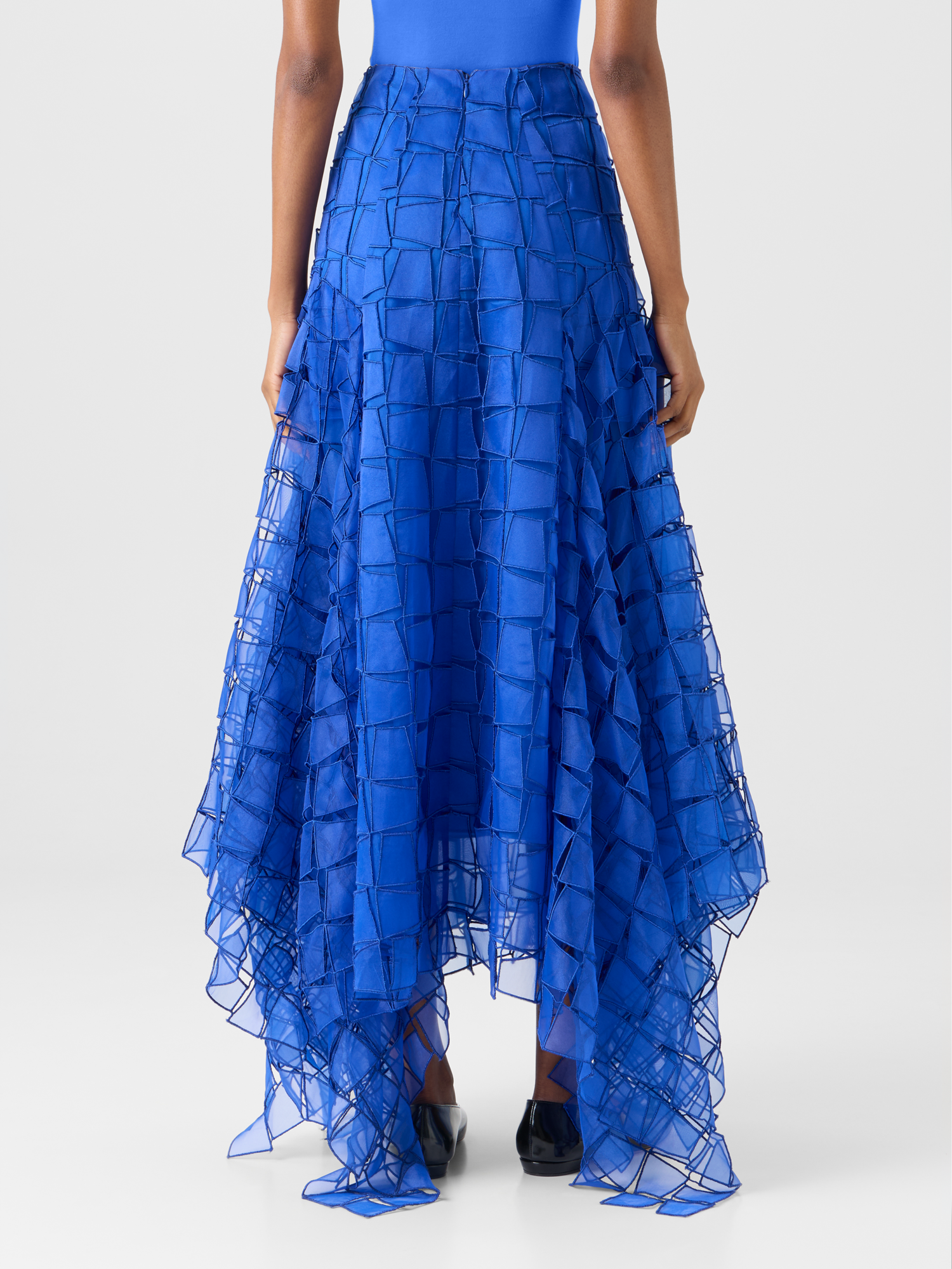 Designer Maxi Skirt with Tapezoid Organza Embroidery - blue 