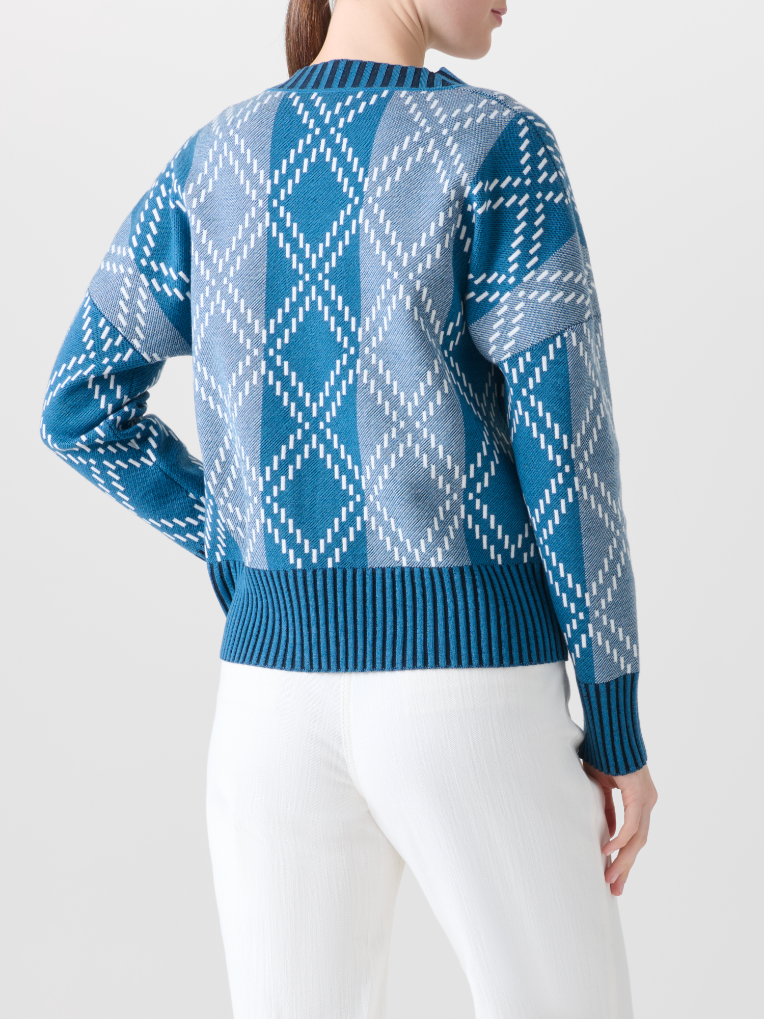 Designer Merino Cardigan with Diamond Jacquard - blue - multicolor 