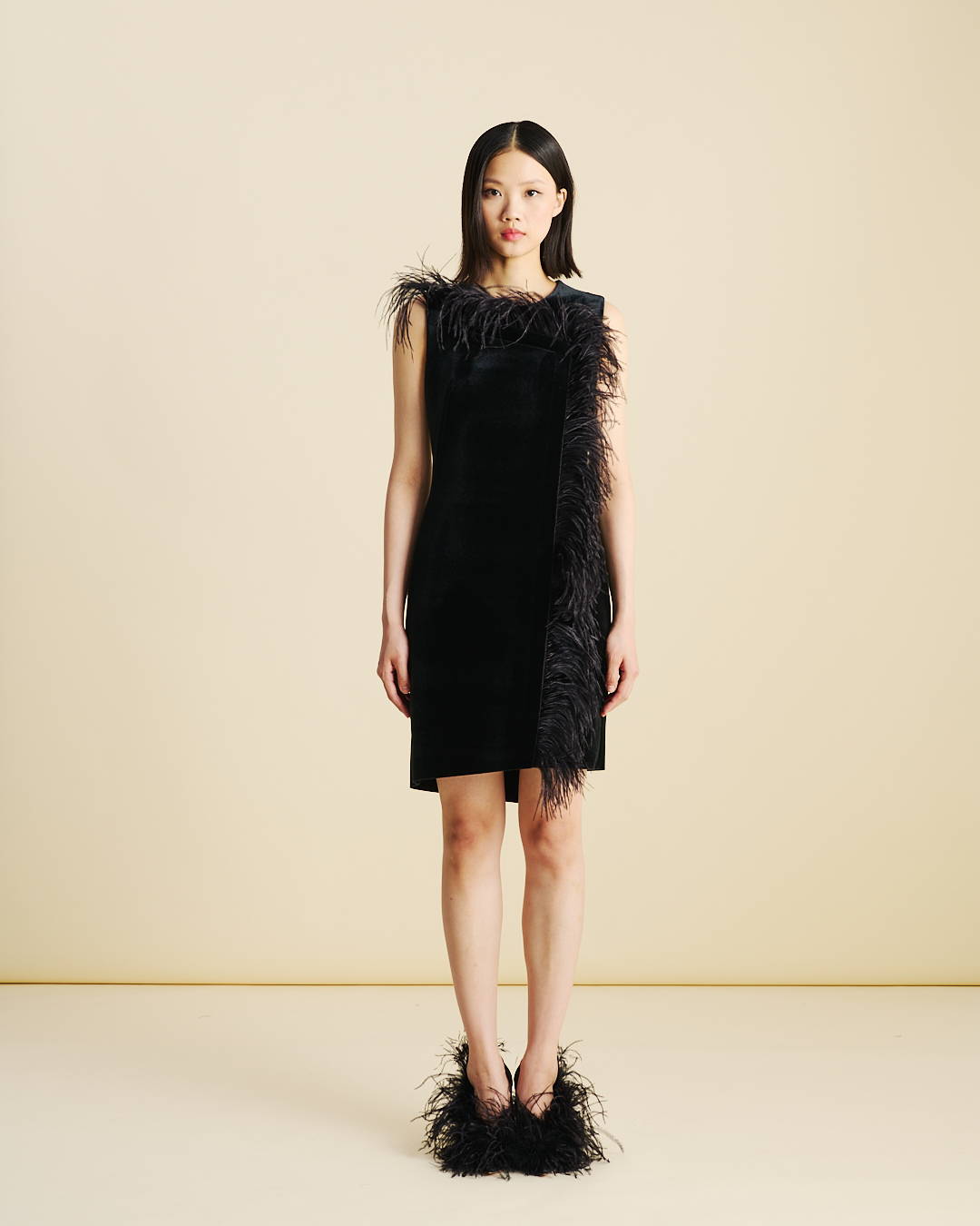 Designer Short Velvet Neoprene Dress with Feather Trim - black - neutral #editorial