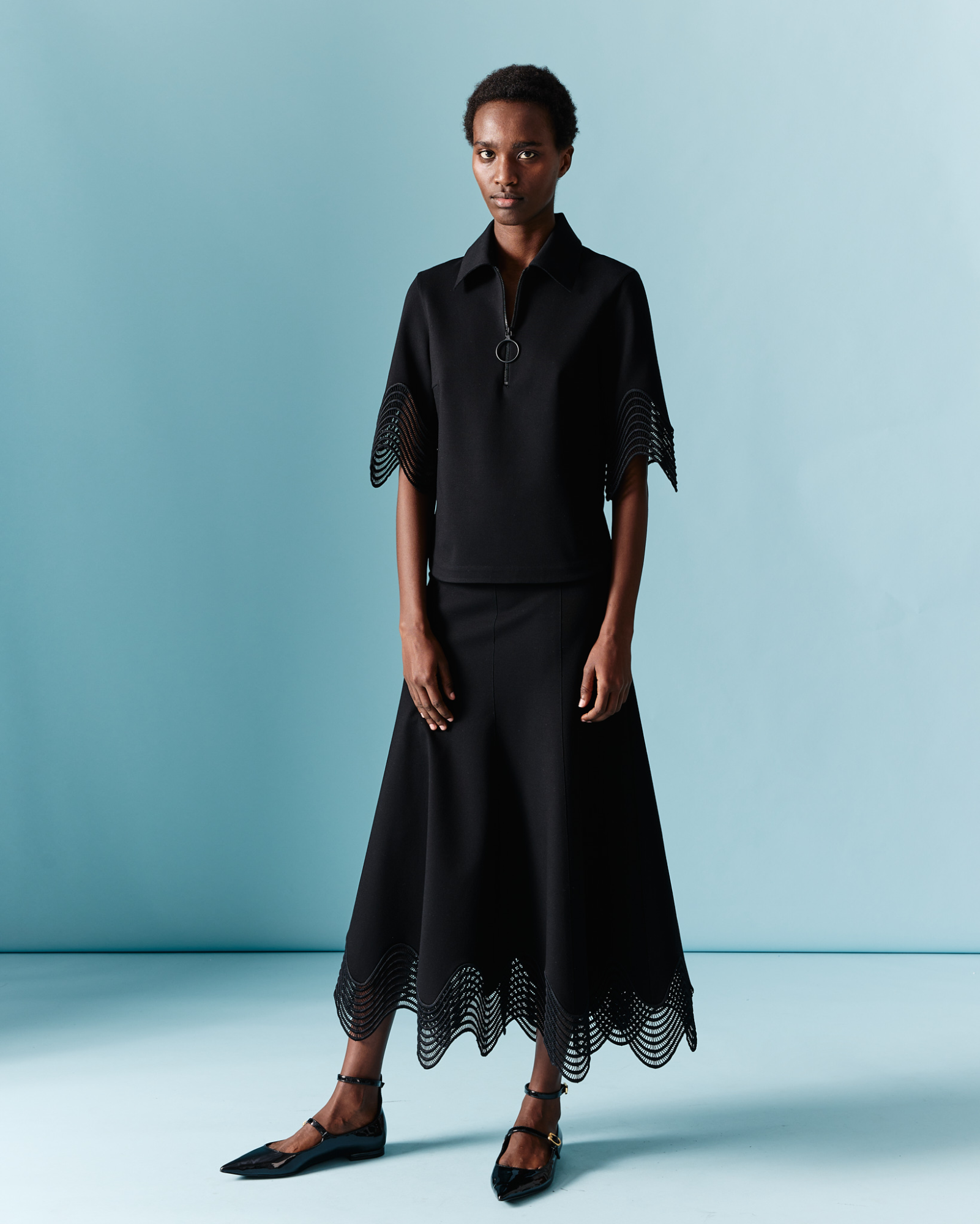 Designer Jersey Midi Skirt with Wave Lace - black 