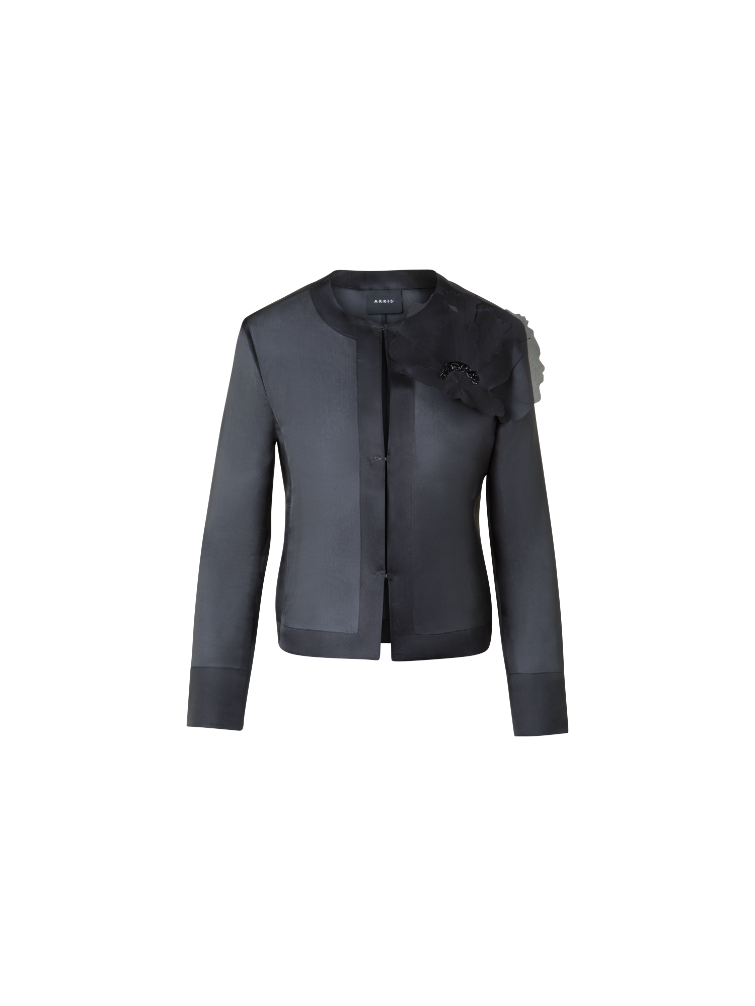 Designer Cropped Silk Jacket with 3D Organza Anemone - black - neutral