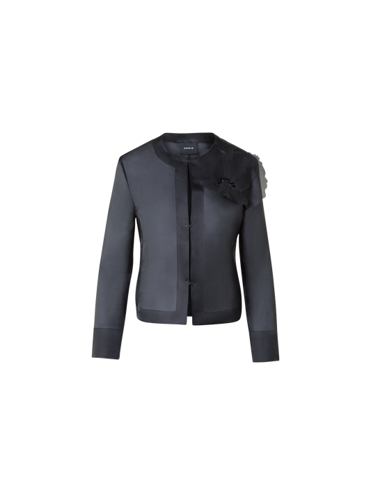 Designer Cropped Silk Jacket with 3D Organza Anemone - black - neutral