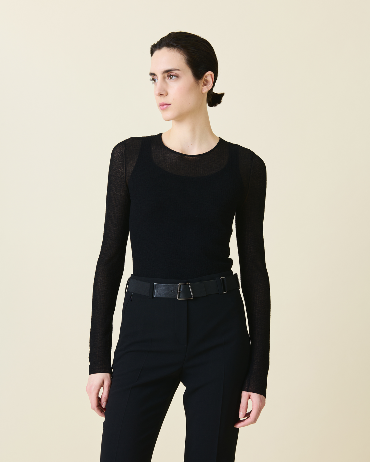 Designer Double Layered Knit Sweater in Sheer Cotton - black #editorial