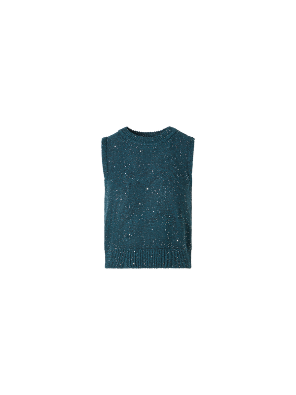Designer Sequined Sleeveless Linen Cotton Knit Top - green
