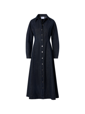 Designer Fit-and-Flare Midi Dress in Changeant Micro Corduroy - navy