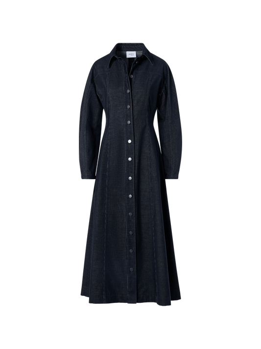 Designer Fit-and-Flare Midi Dress in Changeant Micro Corduroy - navy