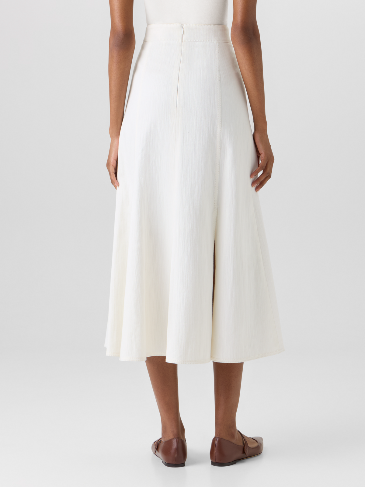 Designer Flared Cotton-Stretch Denim Midi Skirt - white #editorial