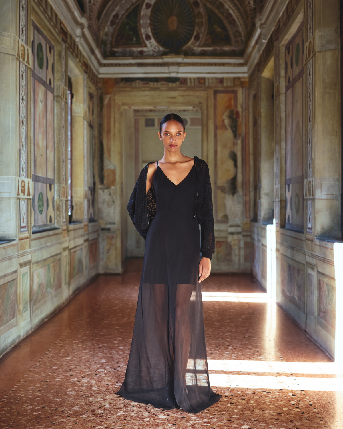 Designer Sheer Silk Gown with Double-Layer - black - neutral