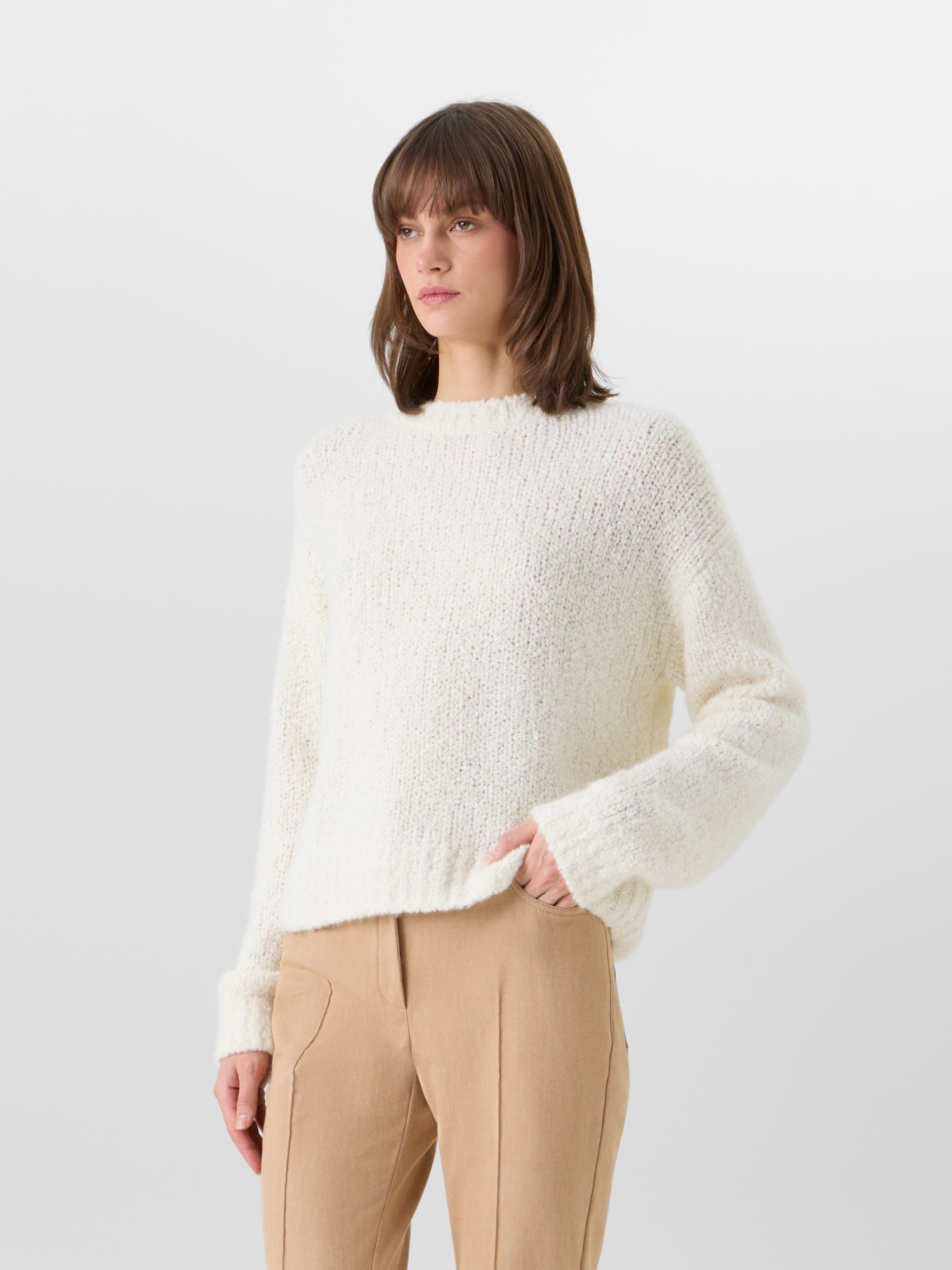 Designer Long-Sleeve Cashmere-Silk Bouclé Knit Sweater - ecru 