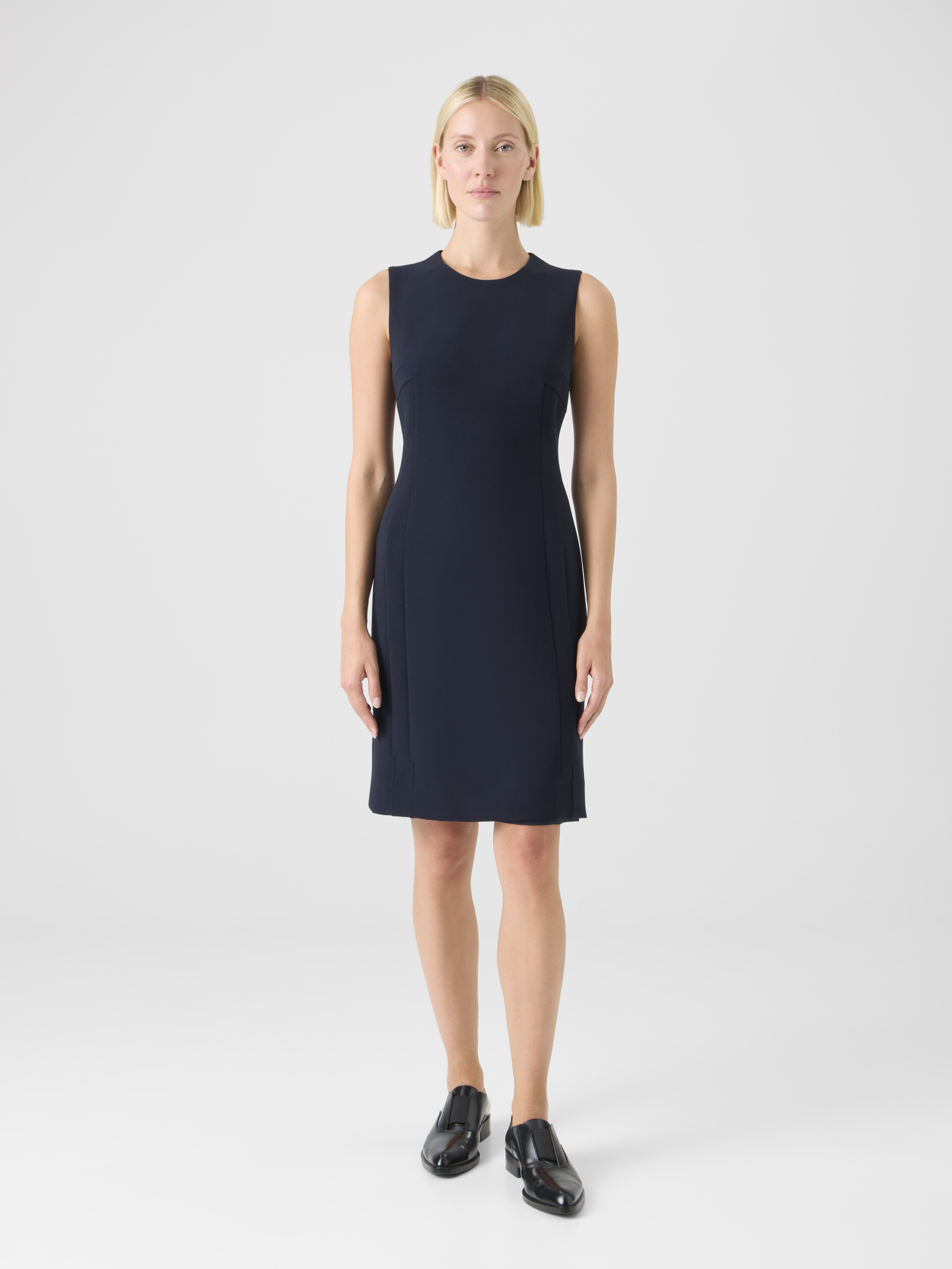 Designer Wool Bi-Stretch Double-Face Sheath Dress - navy 