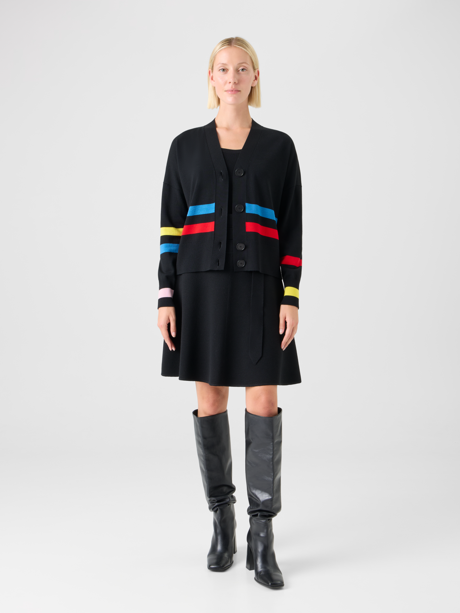 Designer Color-Block Stripe Merino Wool Cardigan - black - multicolor 