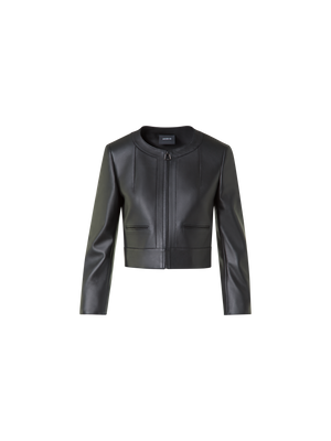 Designer Cropped Leather Jacket with Crew Neck - black - neutral