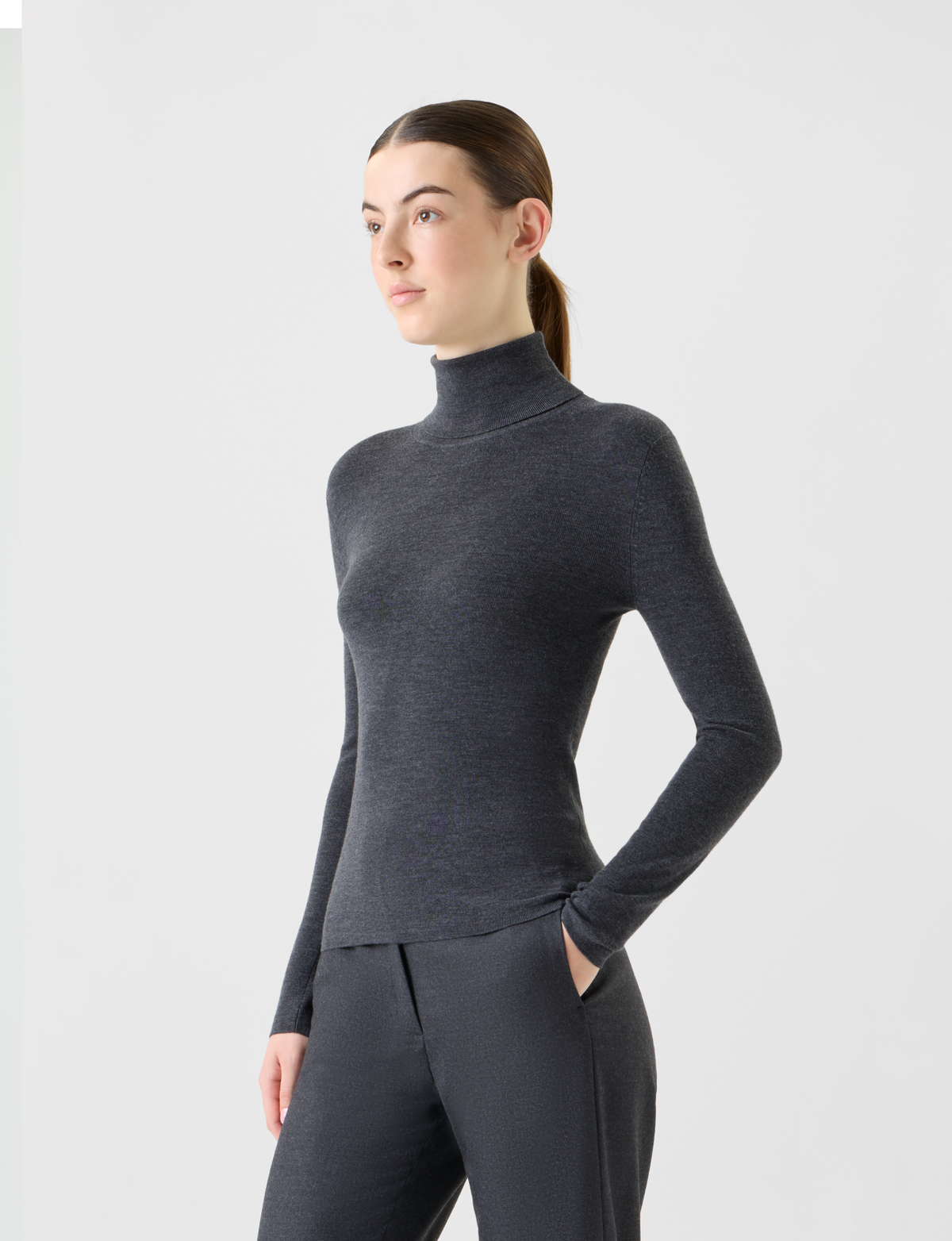 Designer Merino Wool Turtle Neck Pullover - neutral - grey #editorial