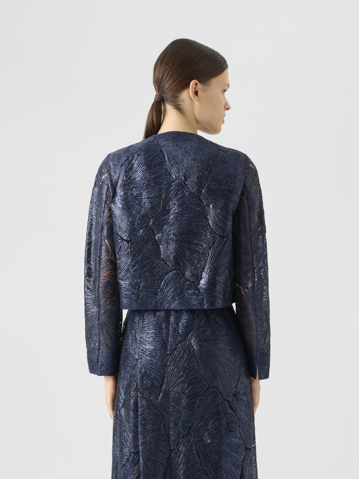 Designer Lacquered Sea Fan Lace Short Jacket - navy #editorial