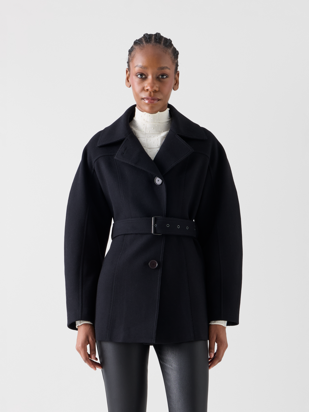 Designer Short Coat with Barrel Sleeves and Self-Belt - black 