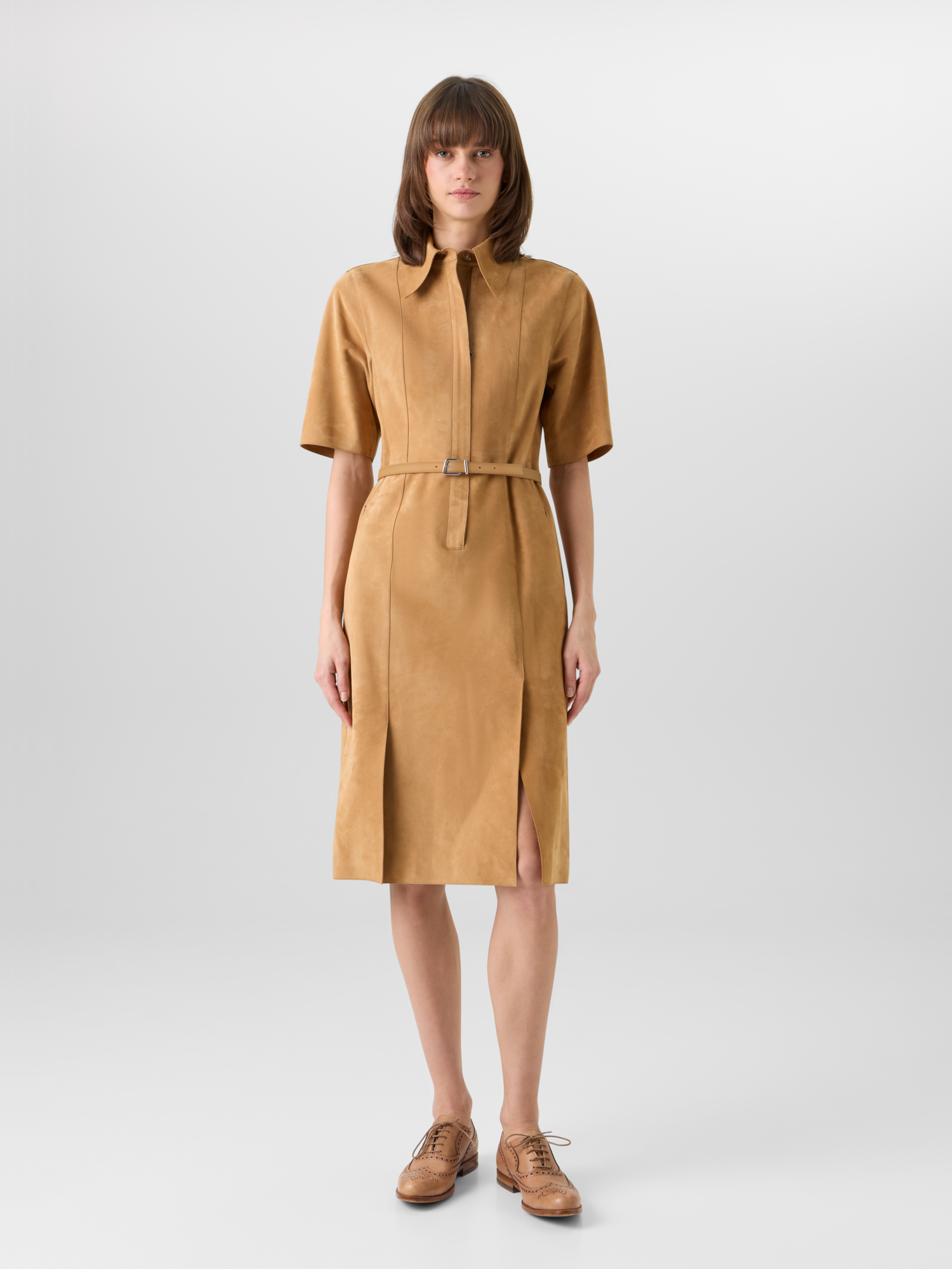 Designer Short-Sleeve Suede Shirt Dress - neutral 